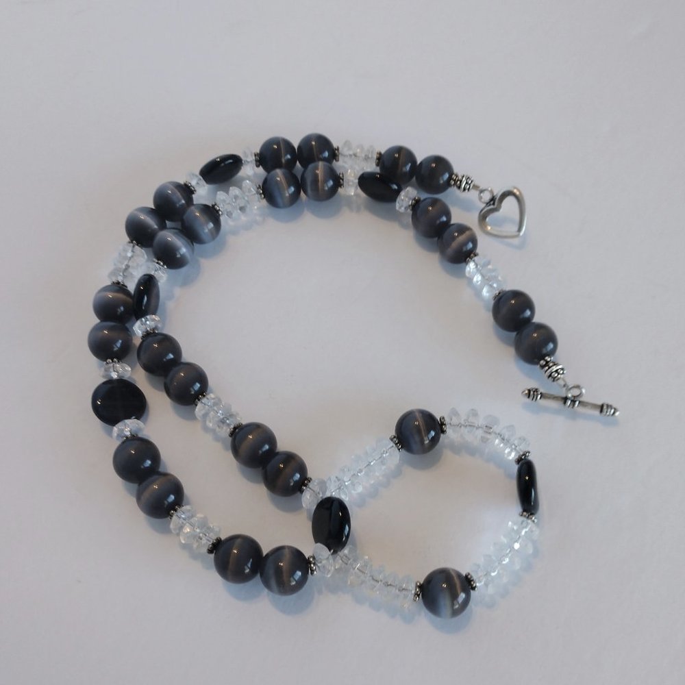 Handmad Charcoal Agate Beaded Necklace With Clear Beads Hand Crafted 17 inches
